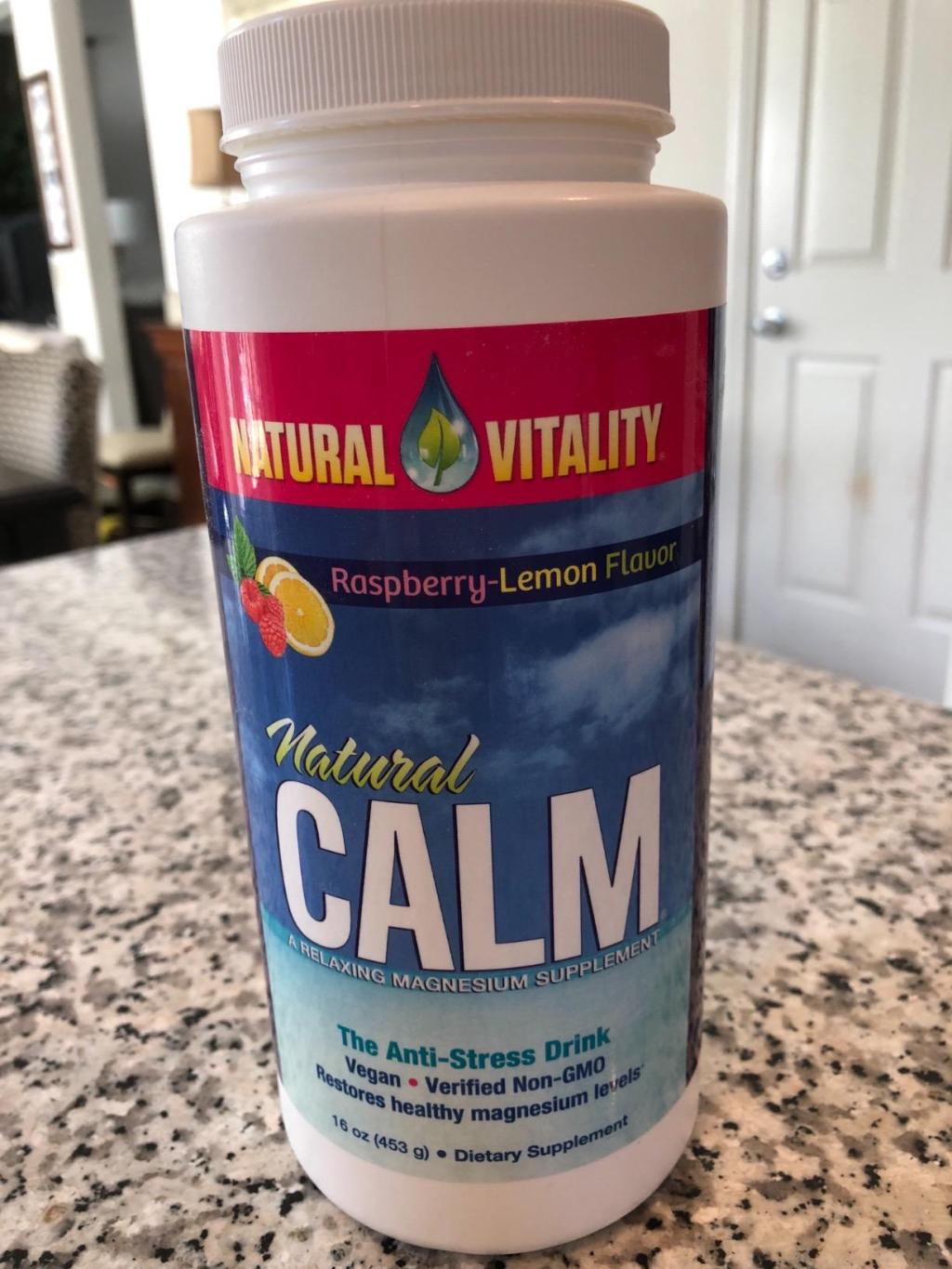 natural calm magnesium supplement on counter 
