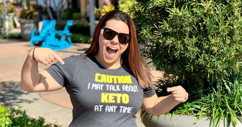 woman with mouth open pointing at keto shirt 