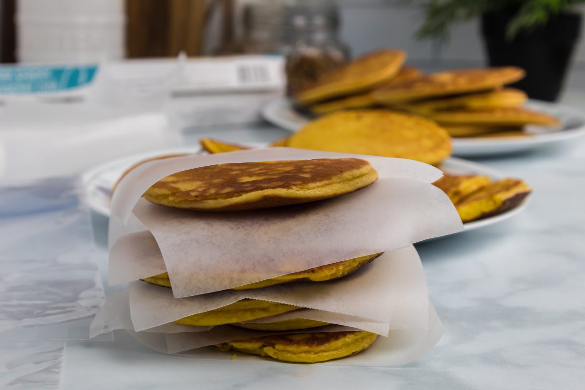 keto pancakes stacked on a counter
