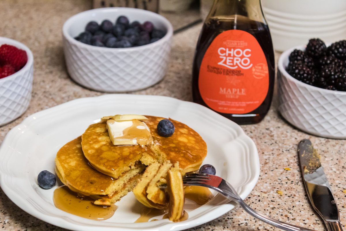 pancakes with syrup on a plate 