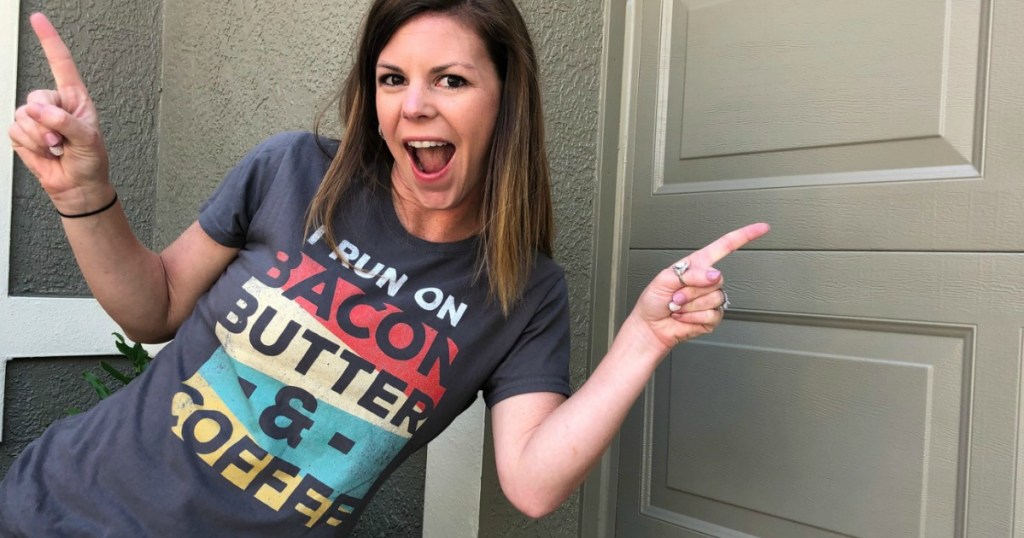 Woman wearing keto bacon butter and coffee shirt