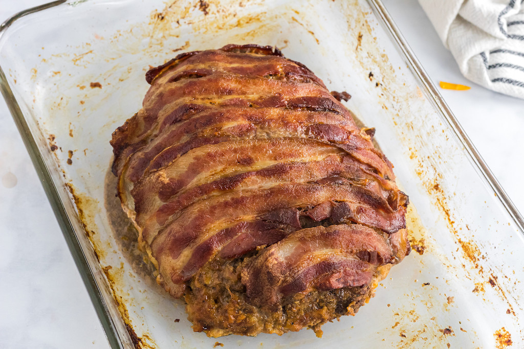 bacon wrapped meatloaf in casserole dish 