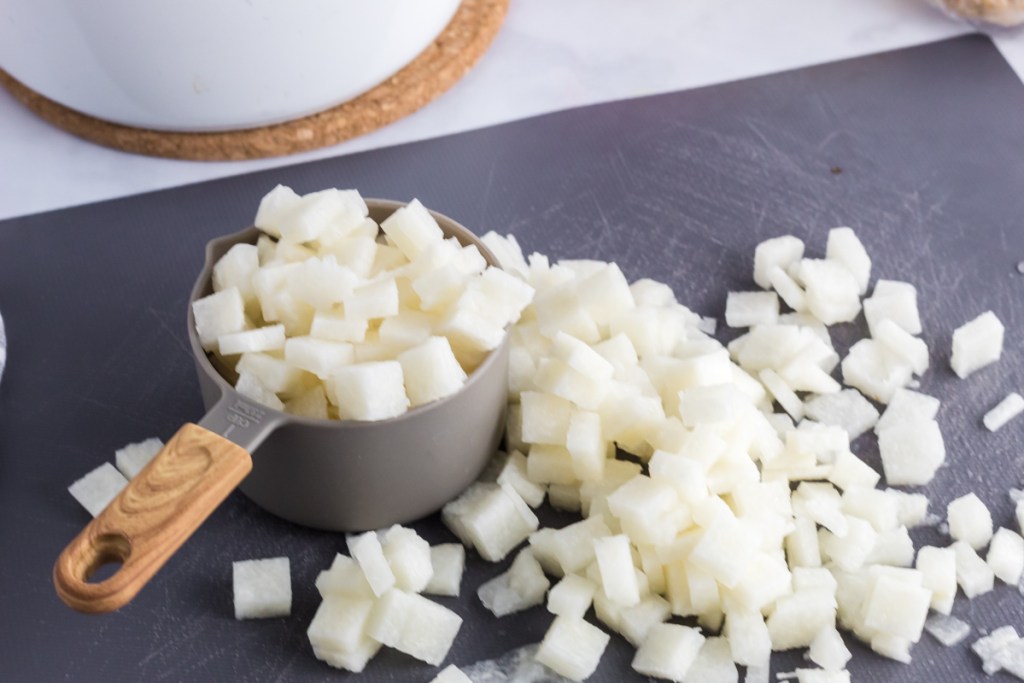 jicama cut up on cutting board