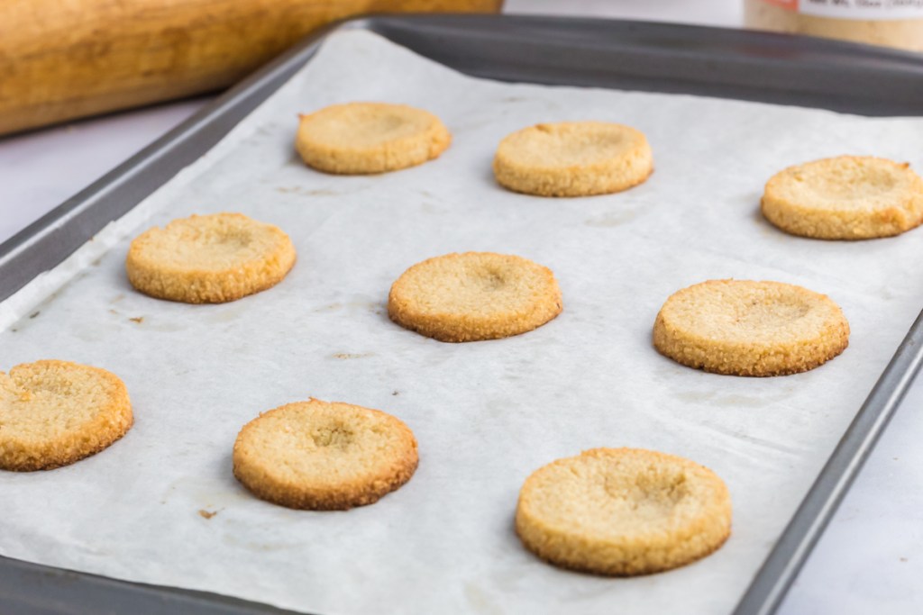 keto tagalongs cookies with small indents on top after baking