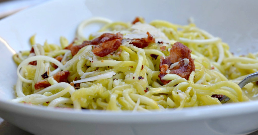 bacon and yellow squash noodles on a plate for 5 ingredient meal