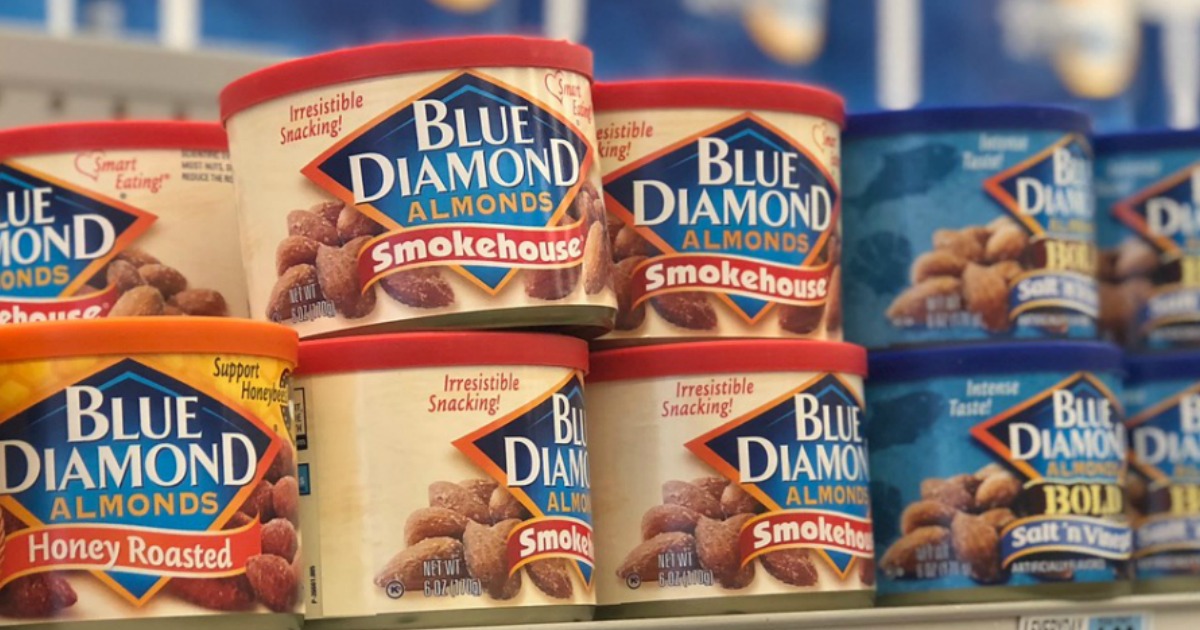 shelf with blue diamond almonds