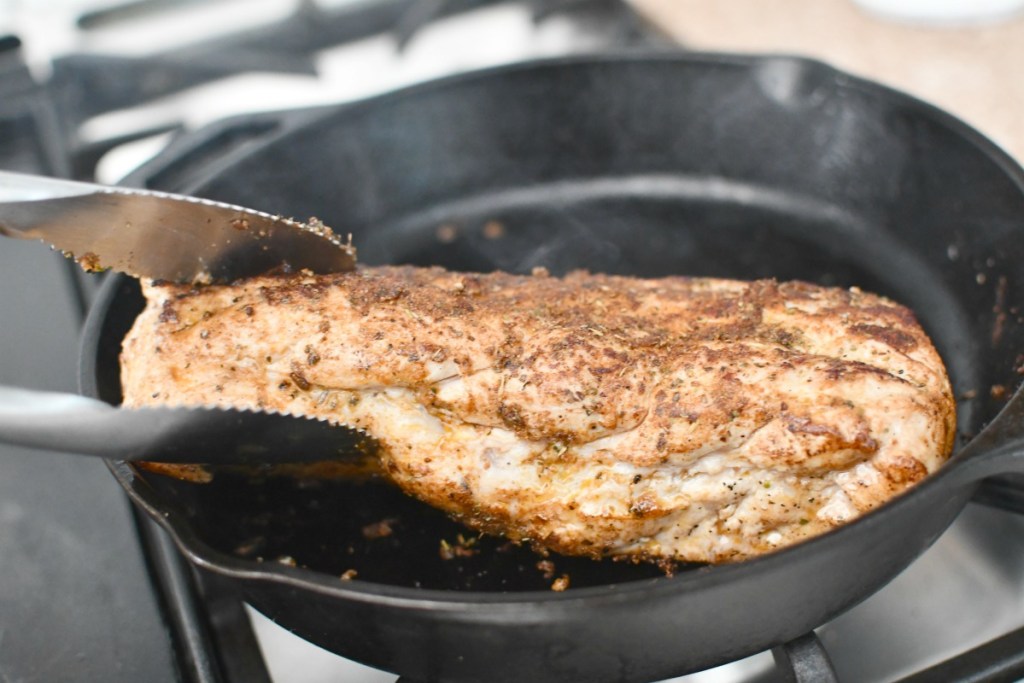 browning the pork loin on the stove