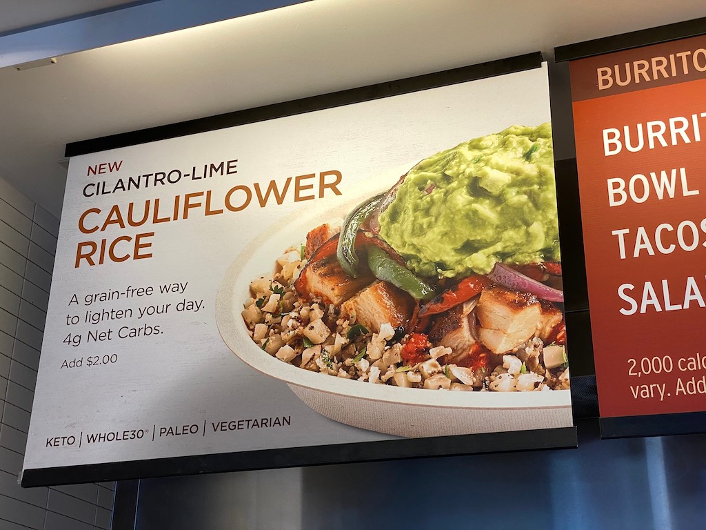 Cilantro-Lime Cauliflower Rice sign at Chipotle 