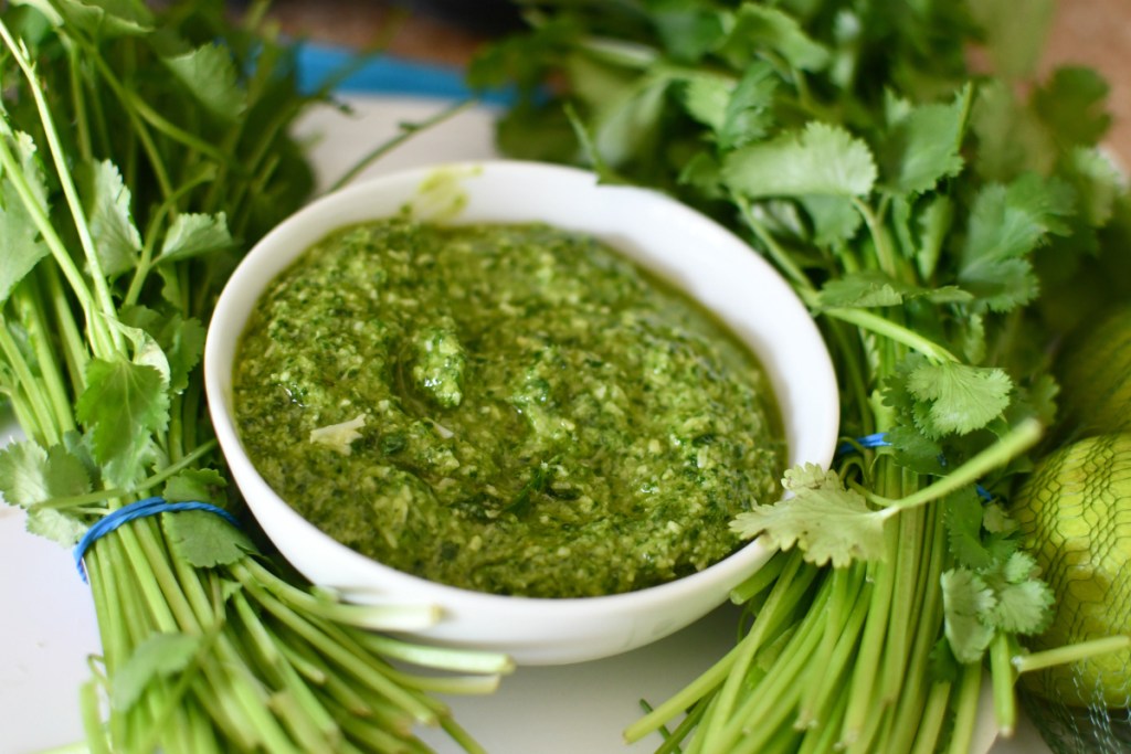 cilantro pesto in a small bowl