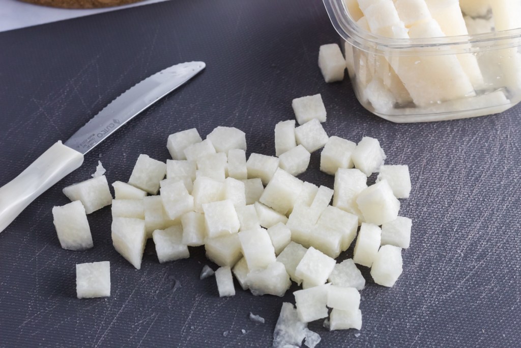 jicama chunks on cutting board