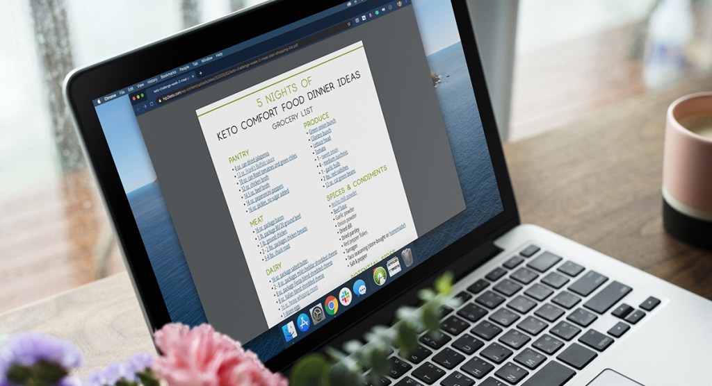 macbook with keto comfort foods grocery list on screen