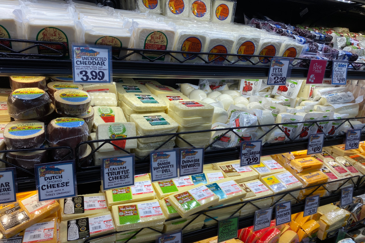 cheese section at trader joe's with other keto groceries