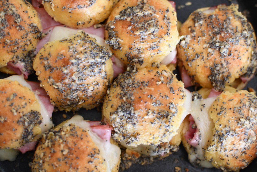 keto ham and cheese sliders out of oven