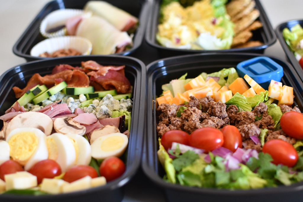 keto salads in meal prep containers 