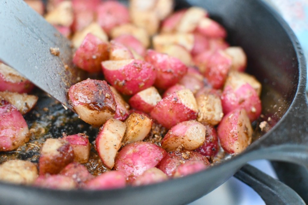 loaded radishes in a skillet 