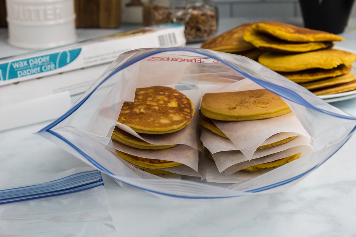 pancakes in ziptop bag with parchment paper