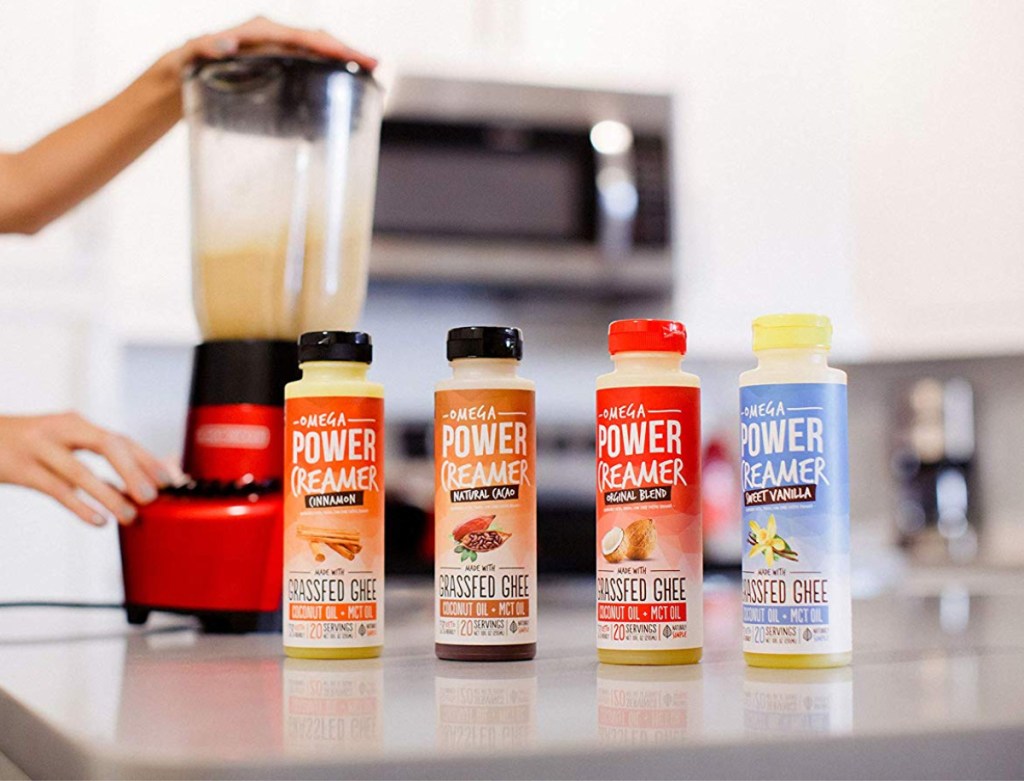 omegapower coffee creamers lined up on counter