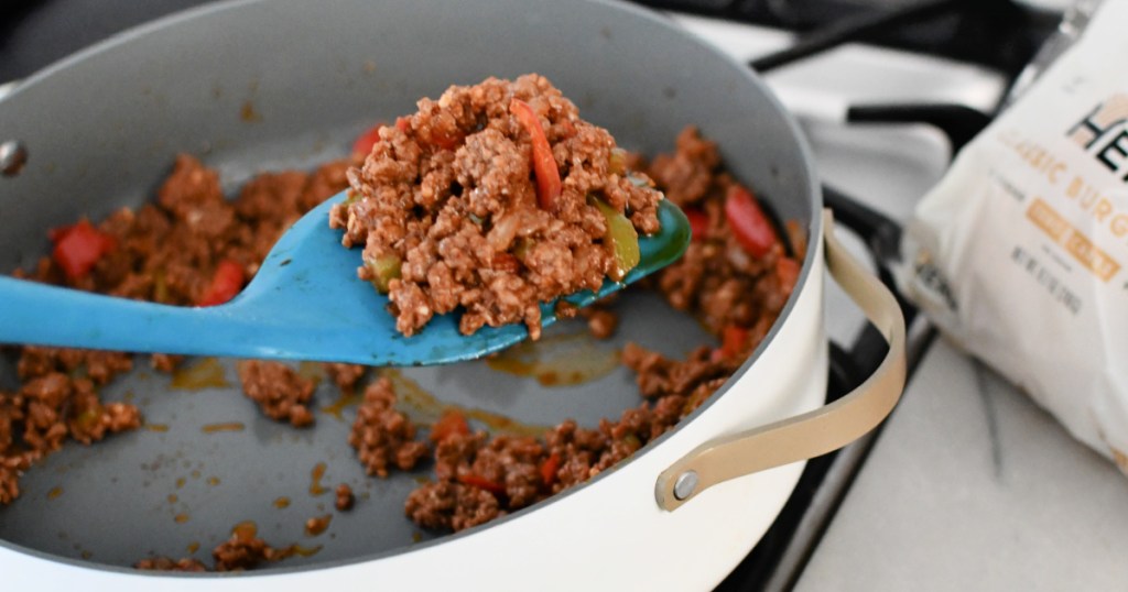 A blue spatula with keto sloppy joes.