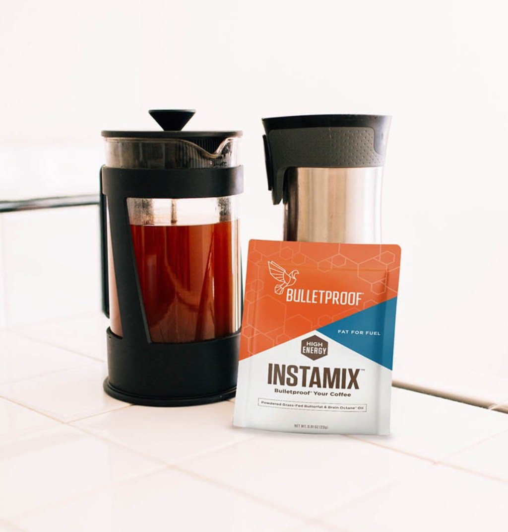 bulletproof coffee instamix keto creamer packet with french press coffee maker and thermos