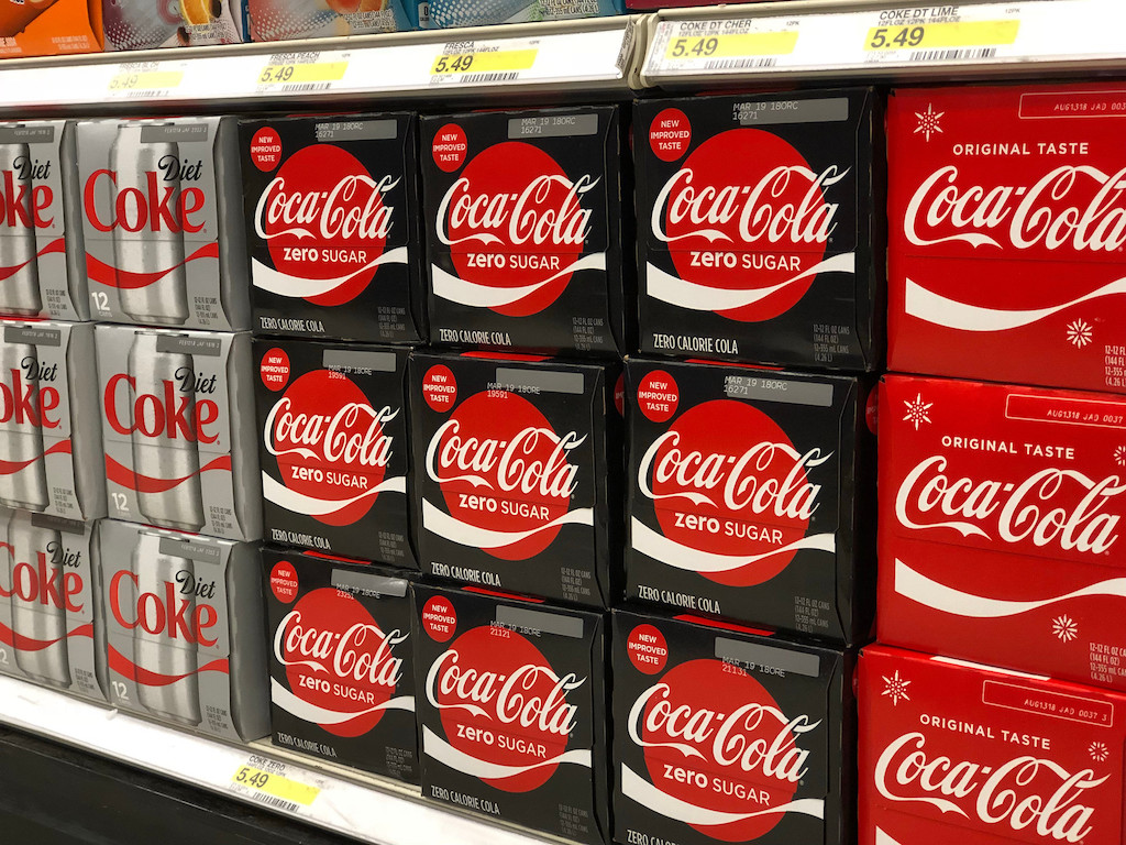 coke 12-packs on store shelf