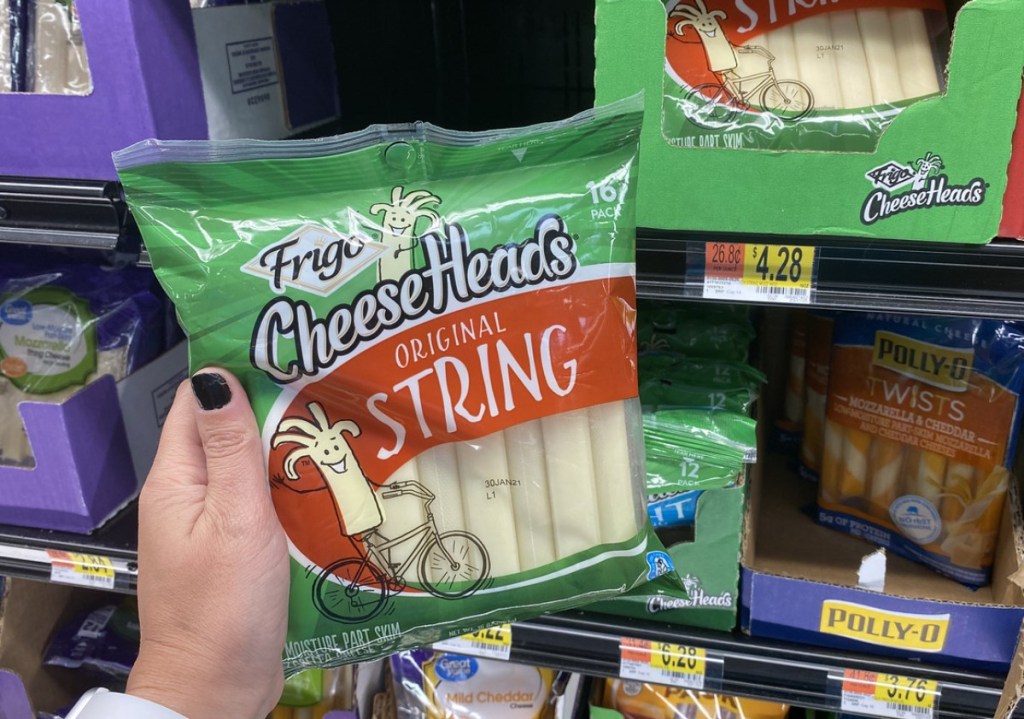 holding string cheese at Walmart
