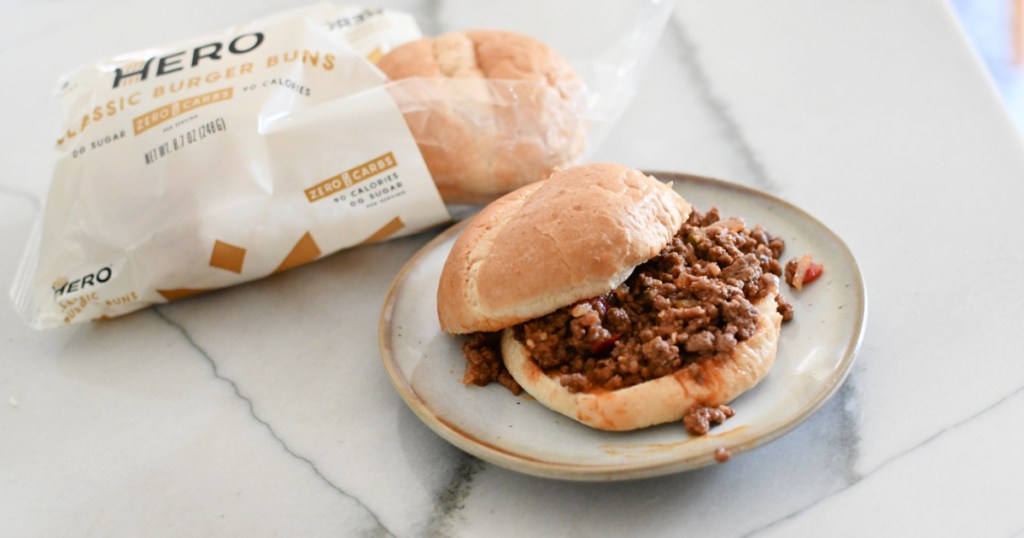 A Hero bun with keto sloppy joes as a sandwich. 