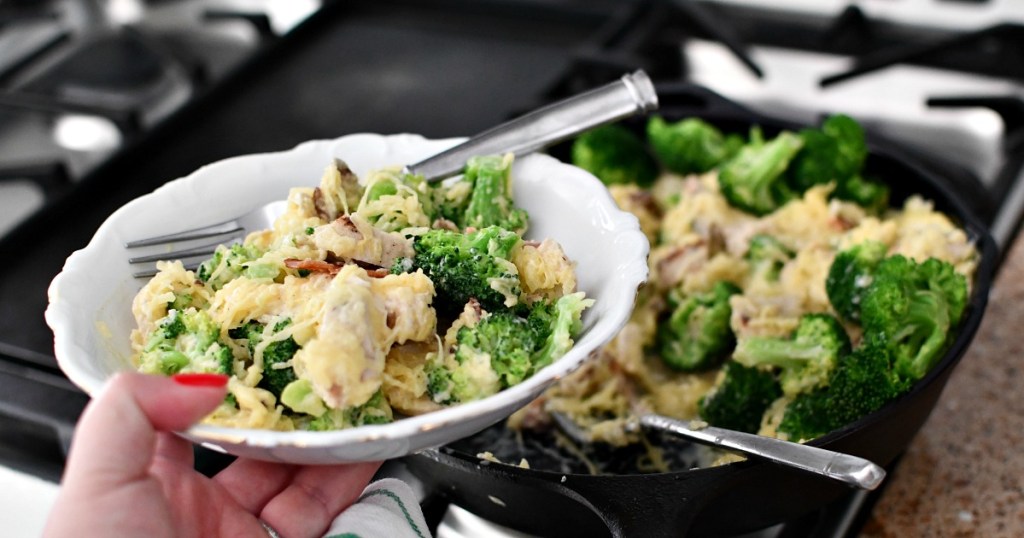 skillet with keto alfredo and spaghetti squash