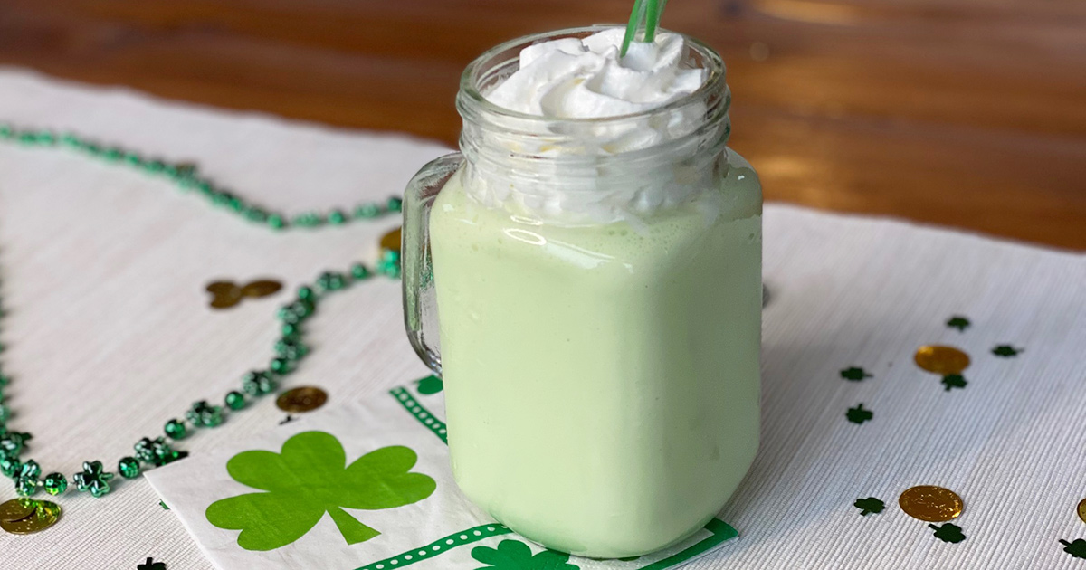 keto shamrock shake on table with st patricks day decorations