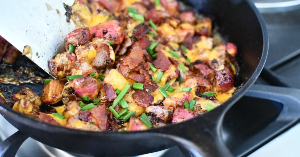 loaded radishes in cast iron skillet 