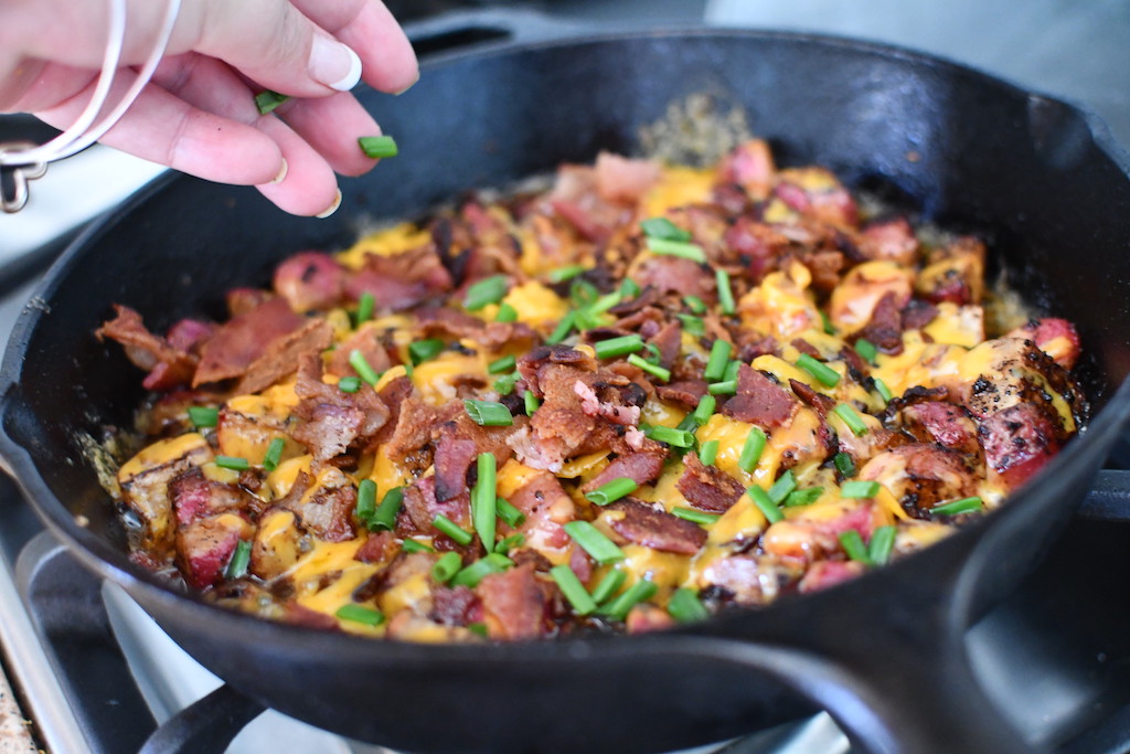 loaded radishes in cast iron skillet 