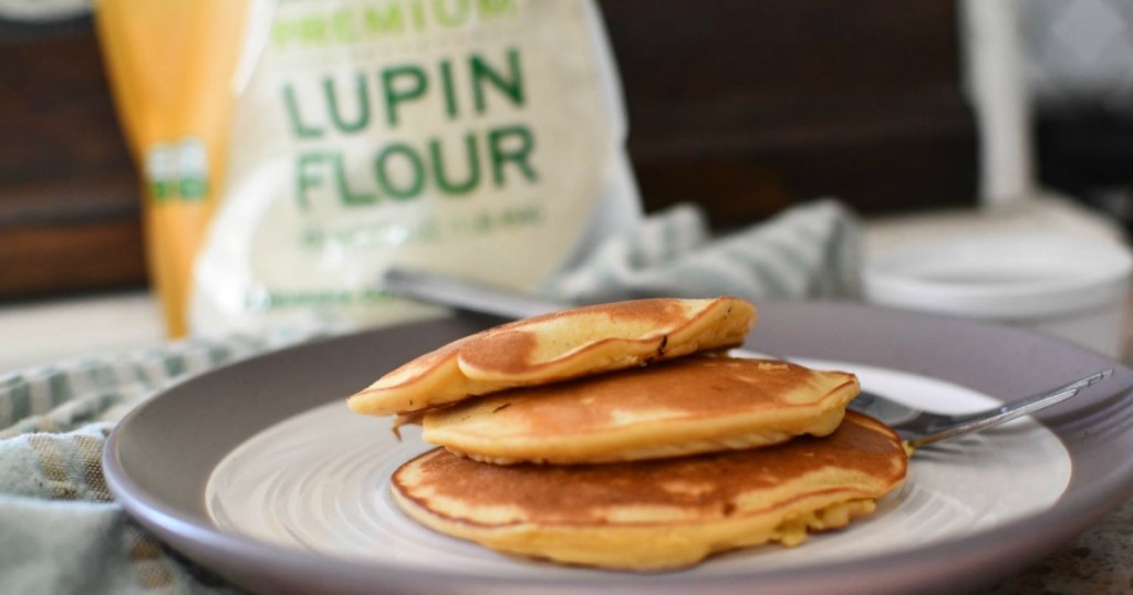 pancakes on plate with Lupin flour in the background