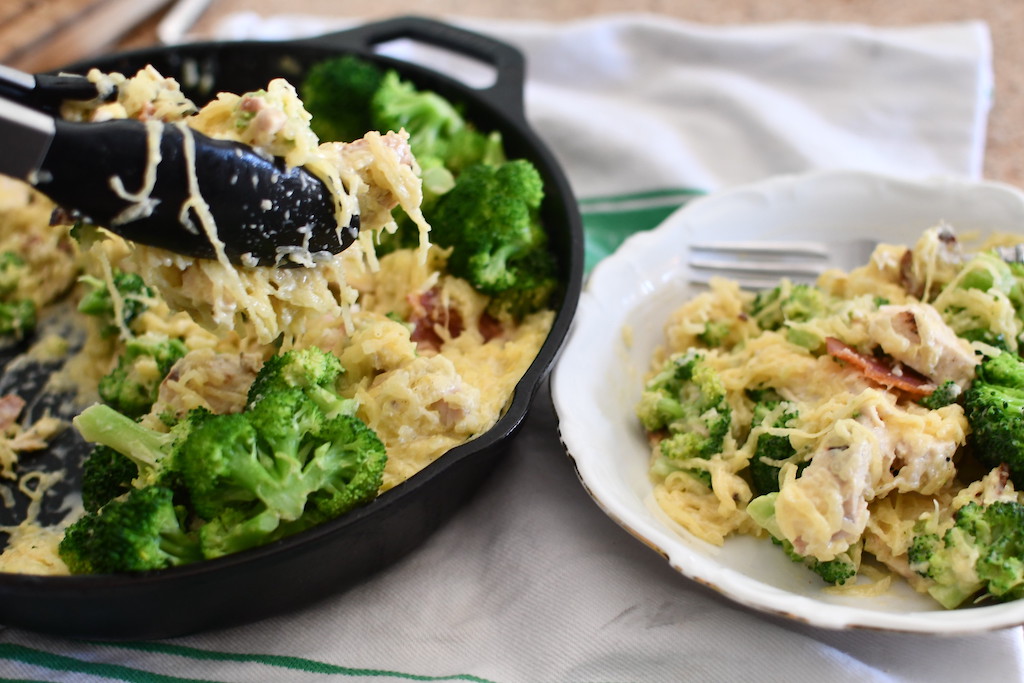 Keto Spaghetti Squash Chicken Alfredo Skillet with Bacon and Broccoli