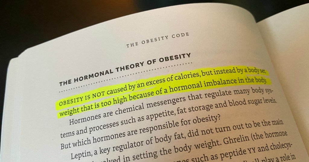 The Obesity Code book opened with sentence highlighted