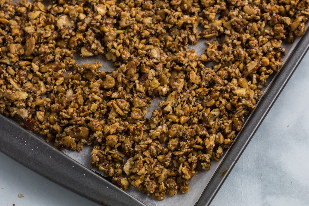 keto granola on cookie sheet