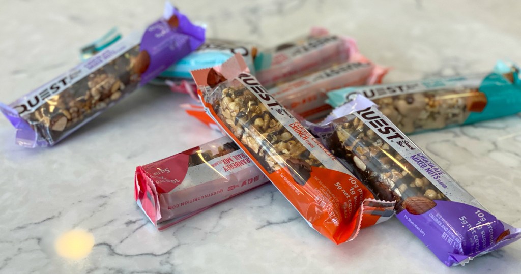 Quest keto snack bars laying on counter