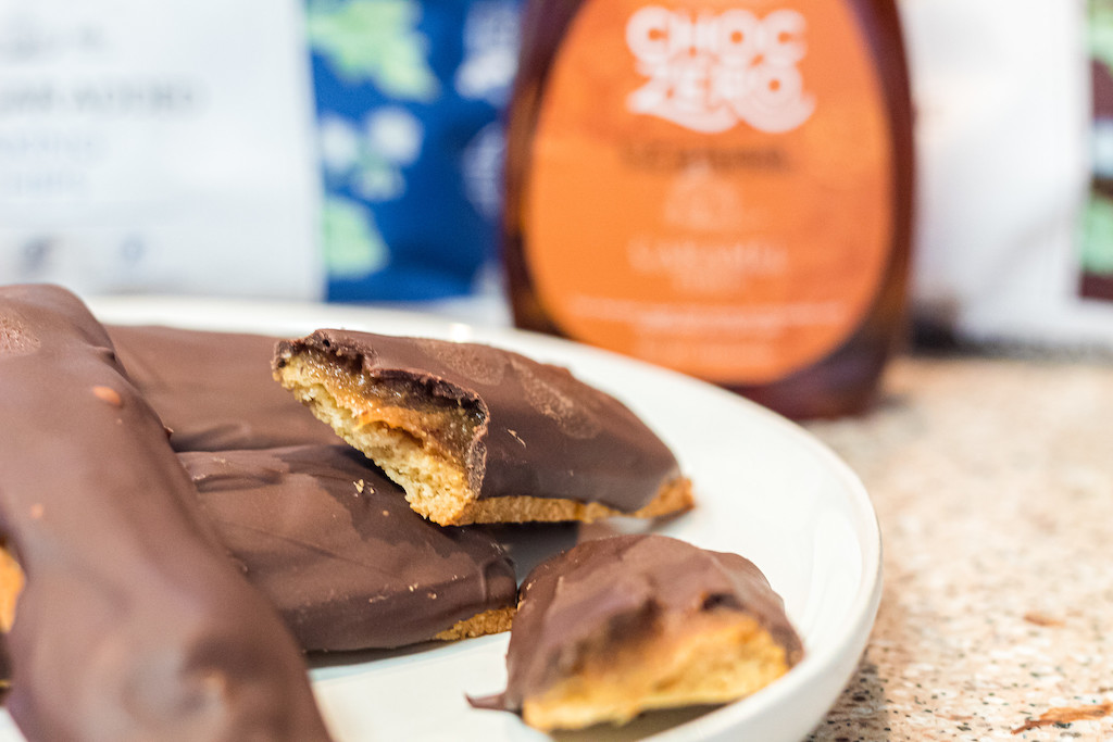keto twix candy bars on plate with ChocZero in background 
