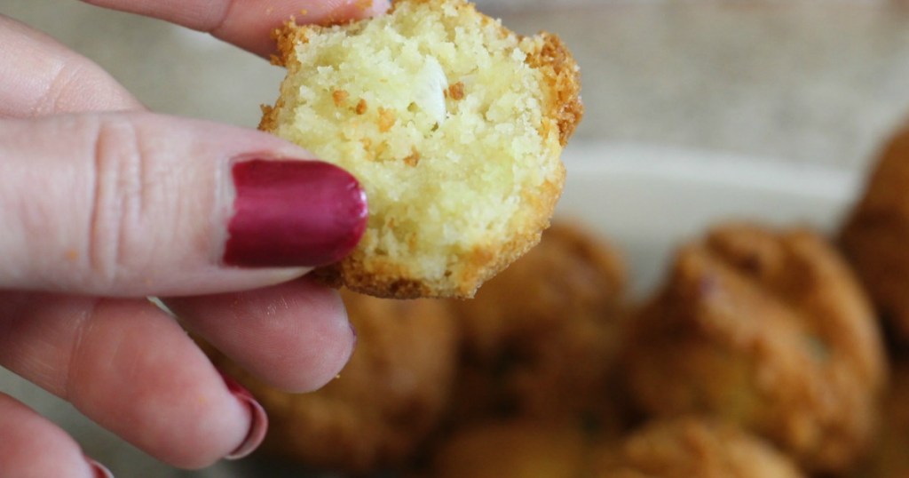 holding low-carb hushpuppy