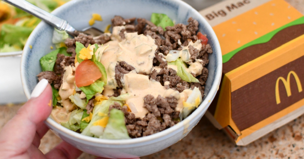 keto Big Mac salad in bowl with special sauce 