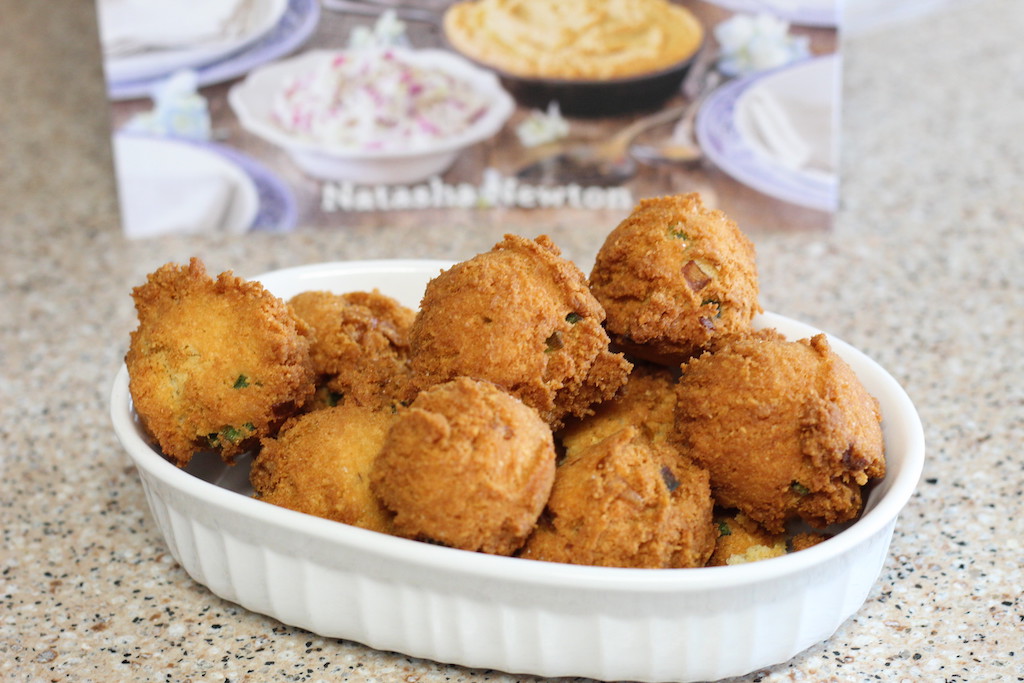 keto hushpuppy in white casserole dish 