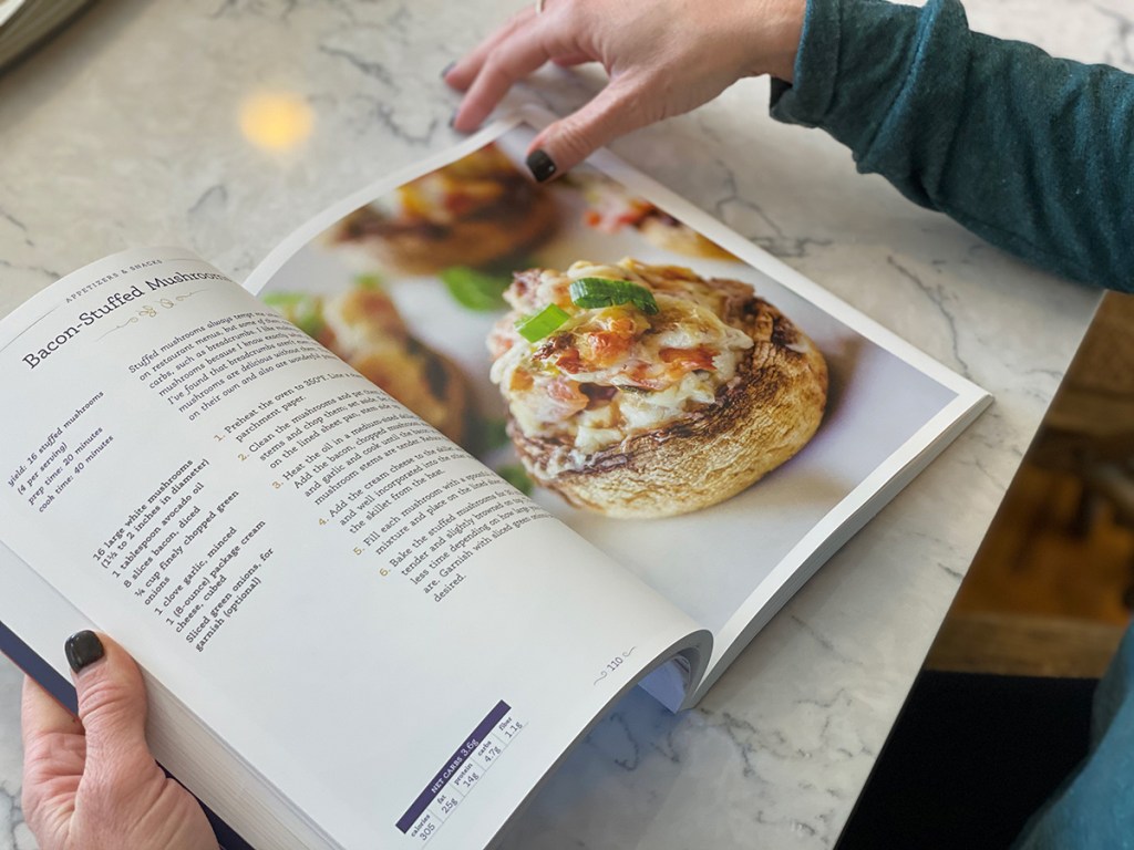 southern keto cookbook showing bacon stuffed mushrooms recipe