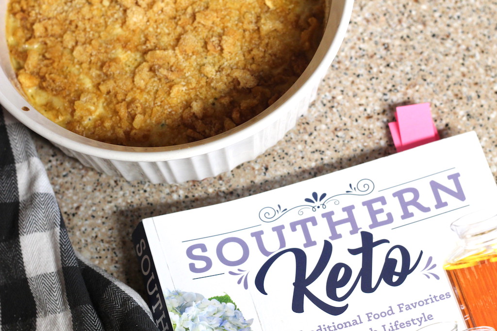 Southern Keto cookbook with hashbrown casserole in bowl