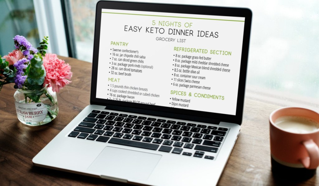 A shopping list for a keto dinner meal plan shown on computer