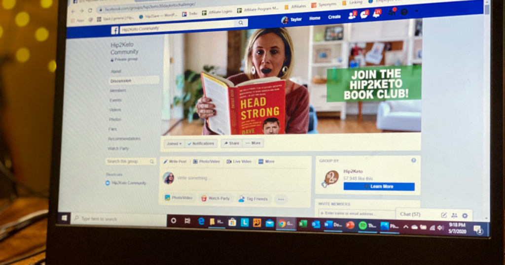 Hip2Keto Facebook community displayed on a laptop screen