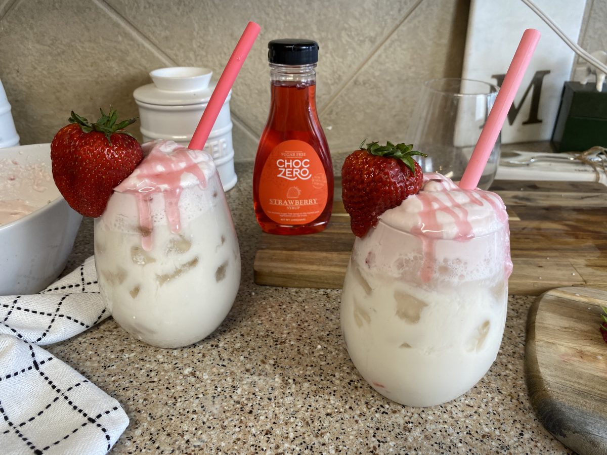 two glasses filled with keto whipped strawberry milk
