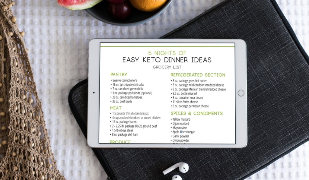 tablet showing a free printable shopping list for an easy keto dinner meal plan