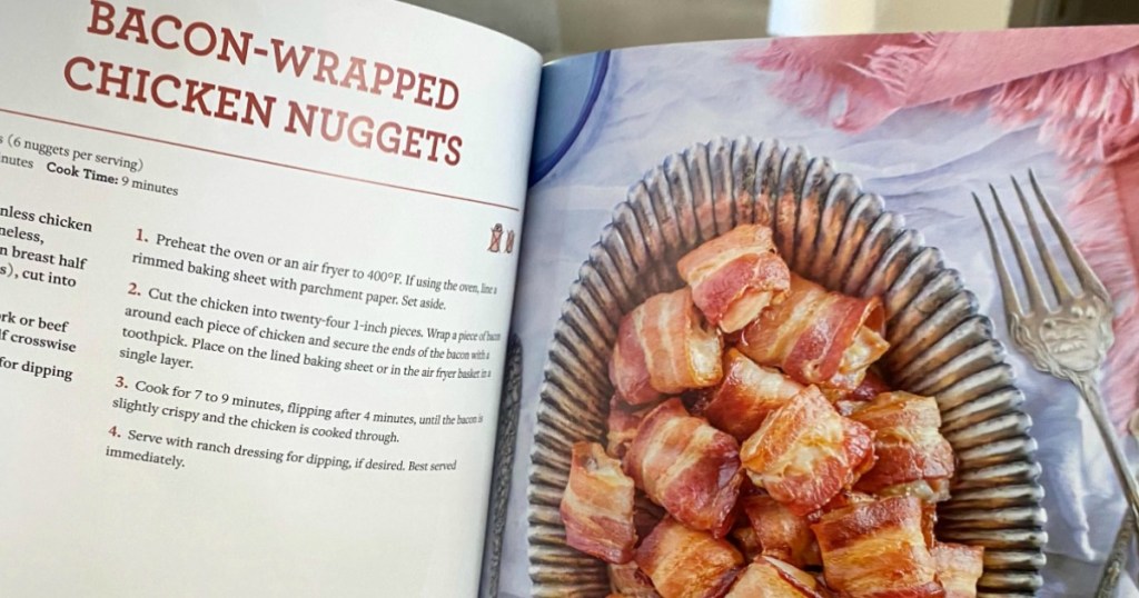cookbook open to bacon-wrapped chicken nuggets recipe 
