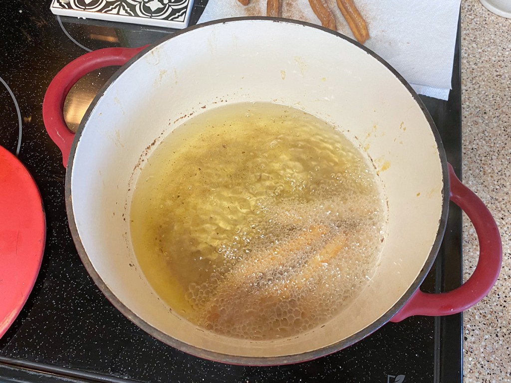 keto churros frying in oil