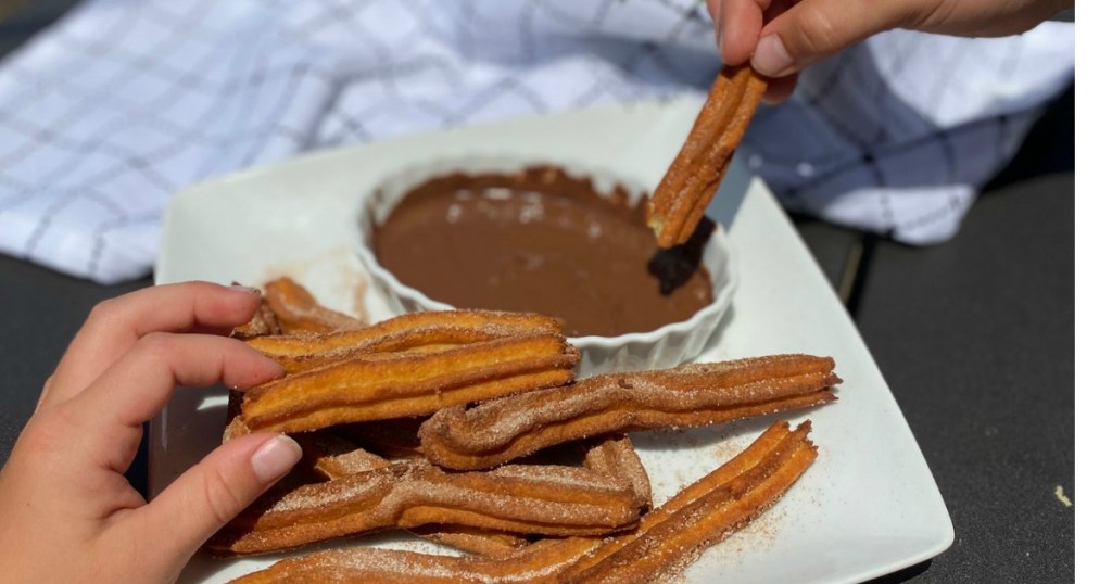 keto disney churros on plate with chocolate dip 