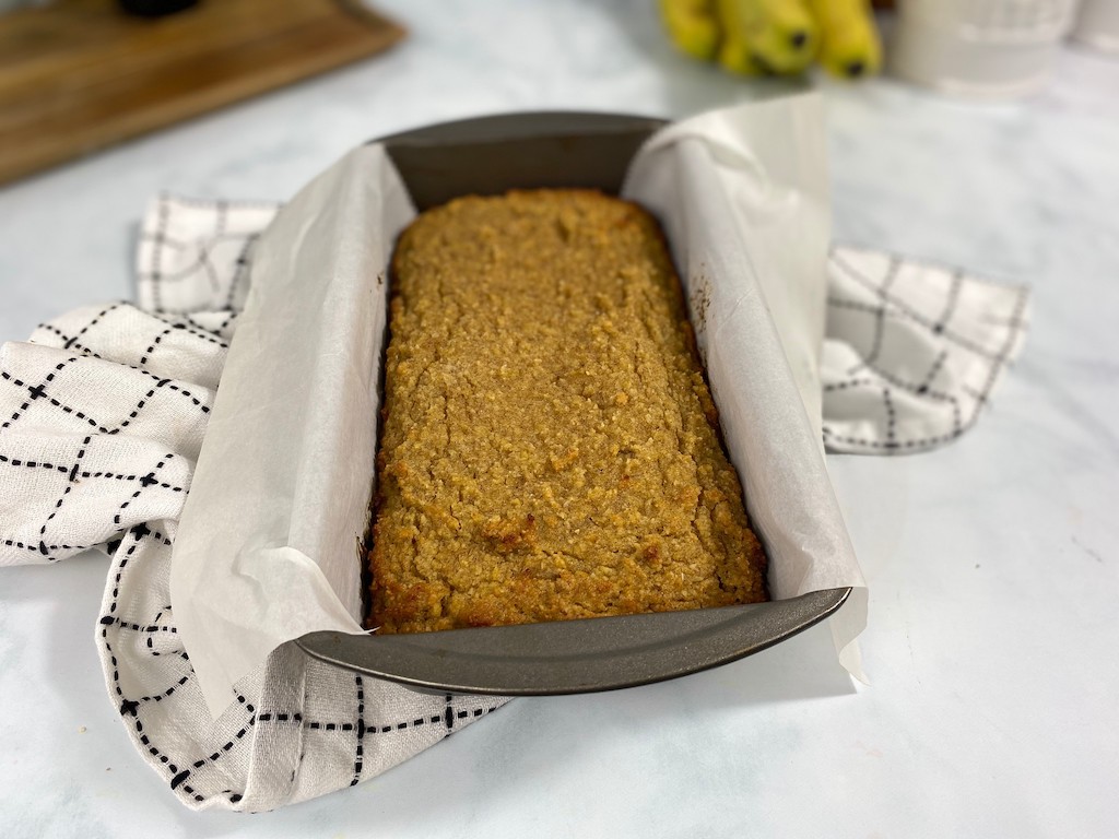 keto banana bread in loaf pan