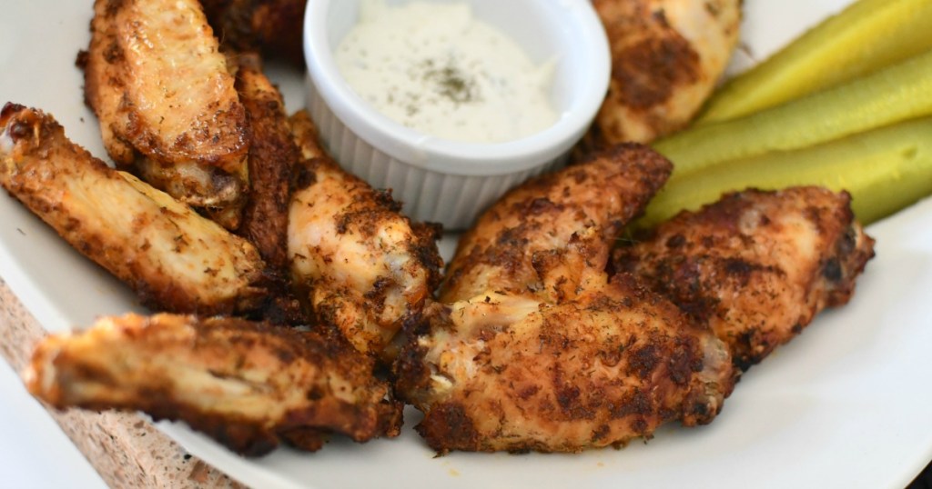 plate of dill pickle keto chicken wings